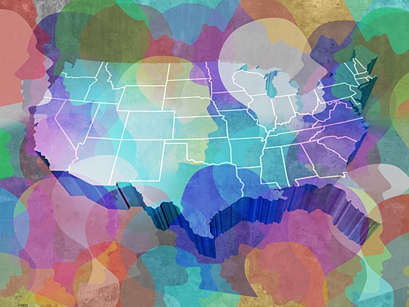 blurred graphic map outline of the US overlaid with speech bubbles